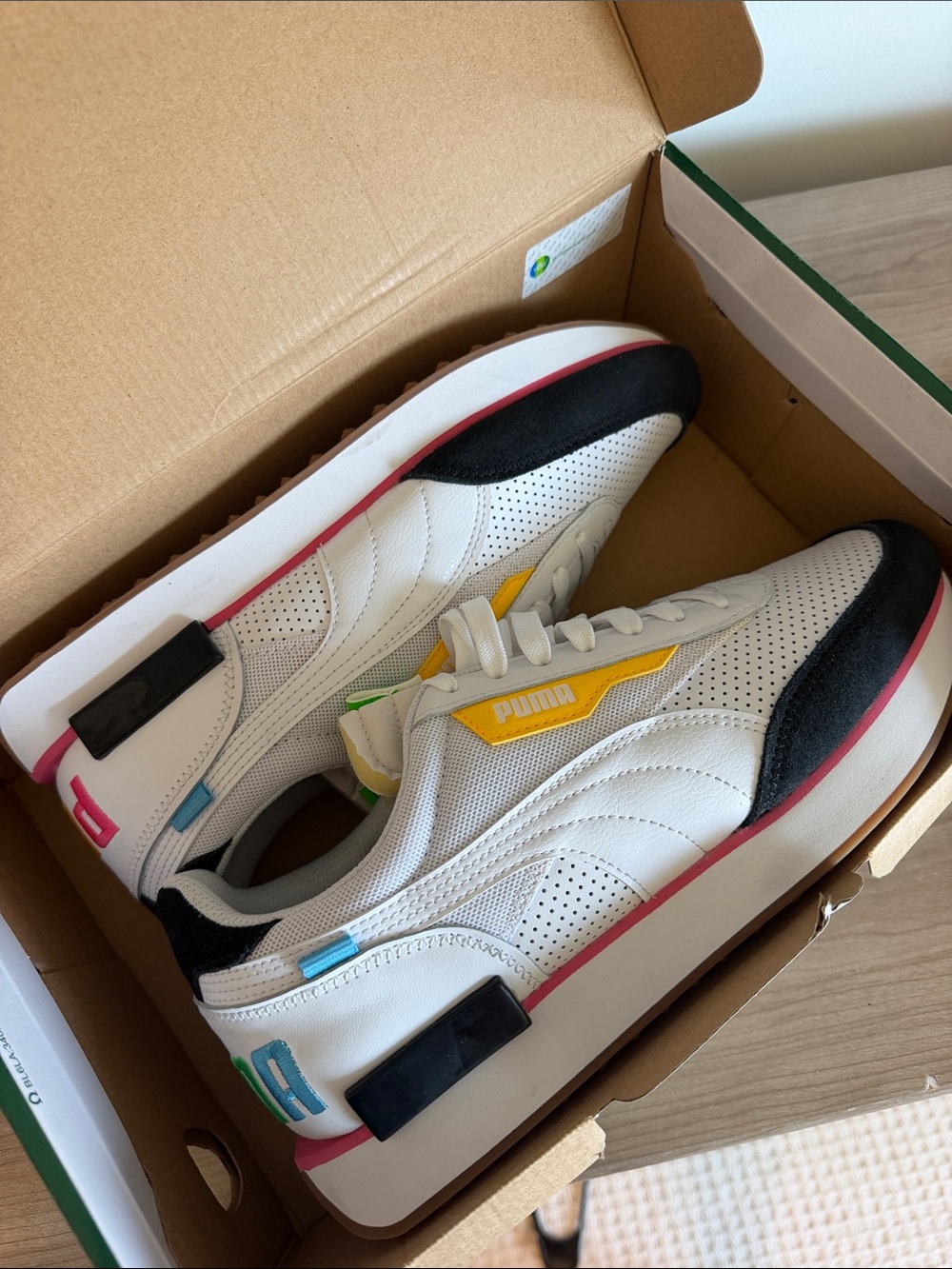 Puma White Leather Sneakers with Yellow Logo and Multicolor Accents